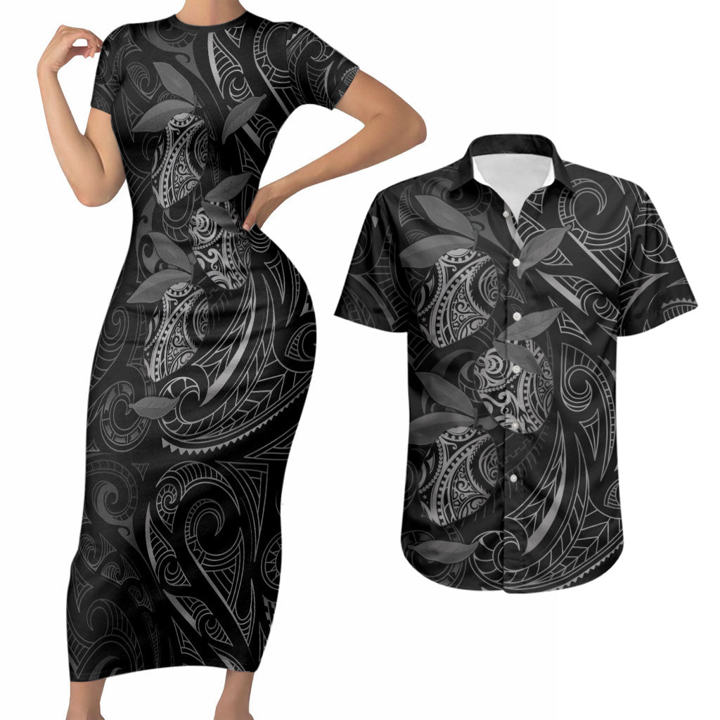 Hawaiian Mango Tribal Tattoo Couples Matching Short Sleeve Bodycon Dress and Hawaiian Shirt Black White Pacific Traditional Pattern