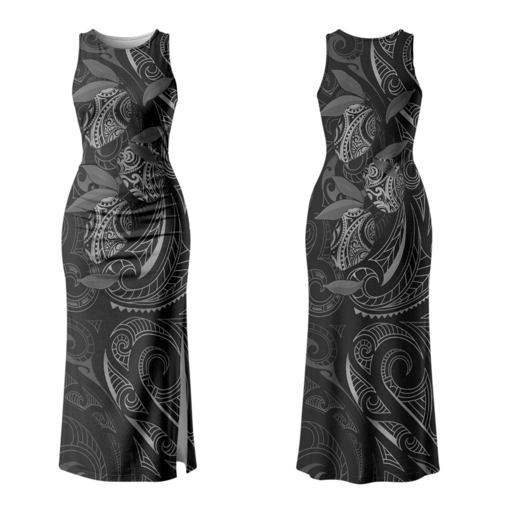 Hawaiian Mango Tribal Tattoo Couples Matching Tank Maxi Dress and Long Sleeve Button Shirt Black White Pacific Traditional Pattern