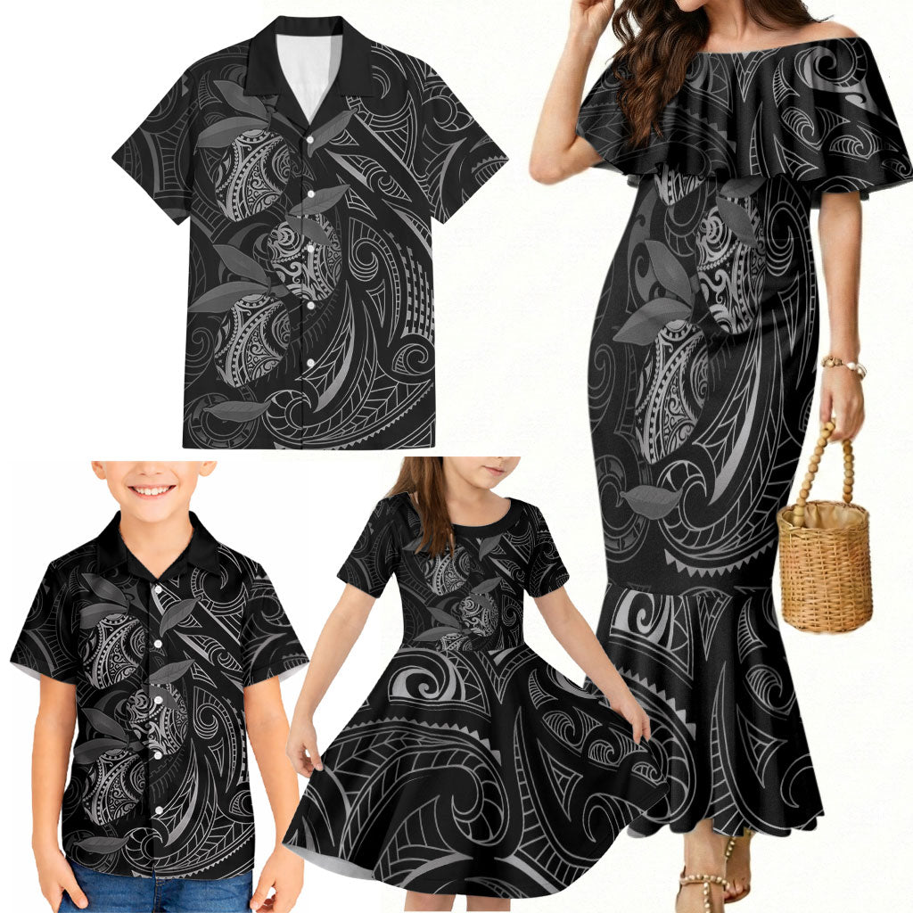 Hawaiian Mango Tribal Tattoo Family Matching Mermaid Dress and Hawaiian Shirt Black White Pacific Traditional Pattern
