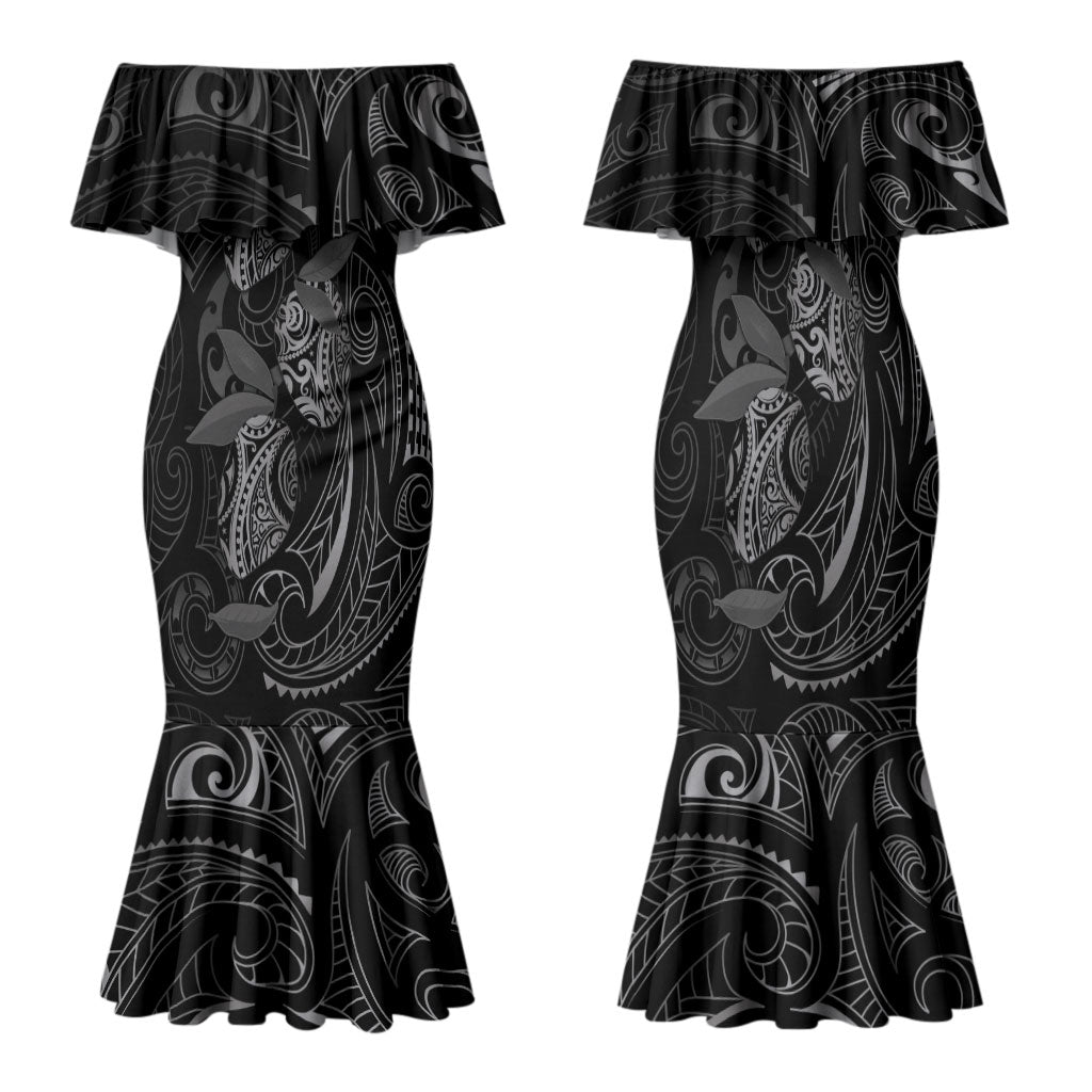 Hawaiian Mango Tribal Tattoo Family Matching Mermaid Dress and Hawaiian Shirt Black White Pacific Traditional Pattern