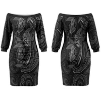 Hawaiian Mango Tribal Tattoo Family Matching Off The Shoulder Long Sleeve Dress and Hawaiian Shirt Black White Pacific Traditional Pattern