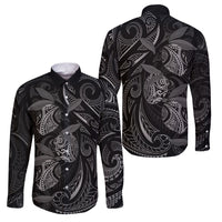 Hawaiian Mango Tribal Tattoo Family Matching Off The Shoulder Long Sleeve Dress and Hawaiian Shirt Black White Pacific Traditional Pattern