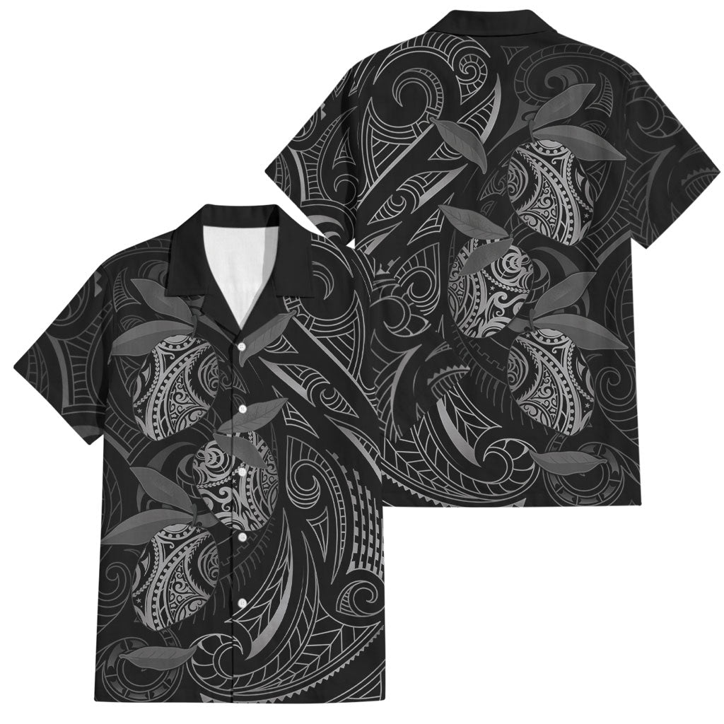 Hawaiian Mango Tribal Tattoo Family Matching Off Shoulder Short Dress and Hawaiian Shirt Black White Pacific Traditional Pattern