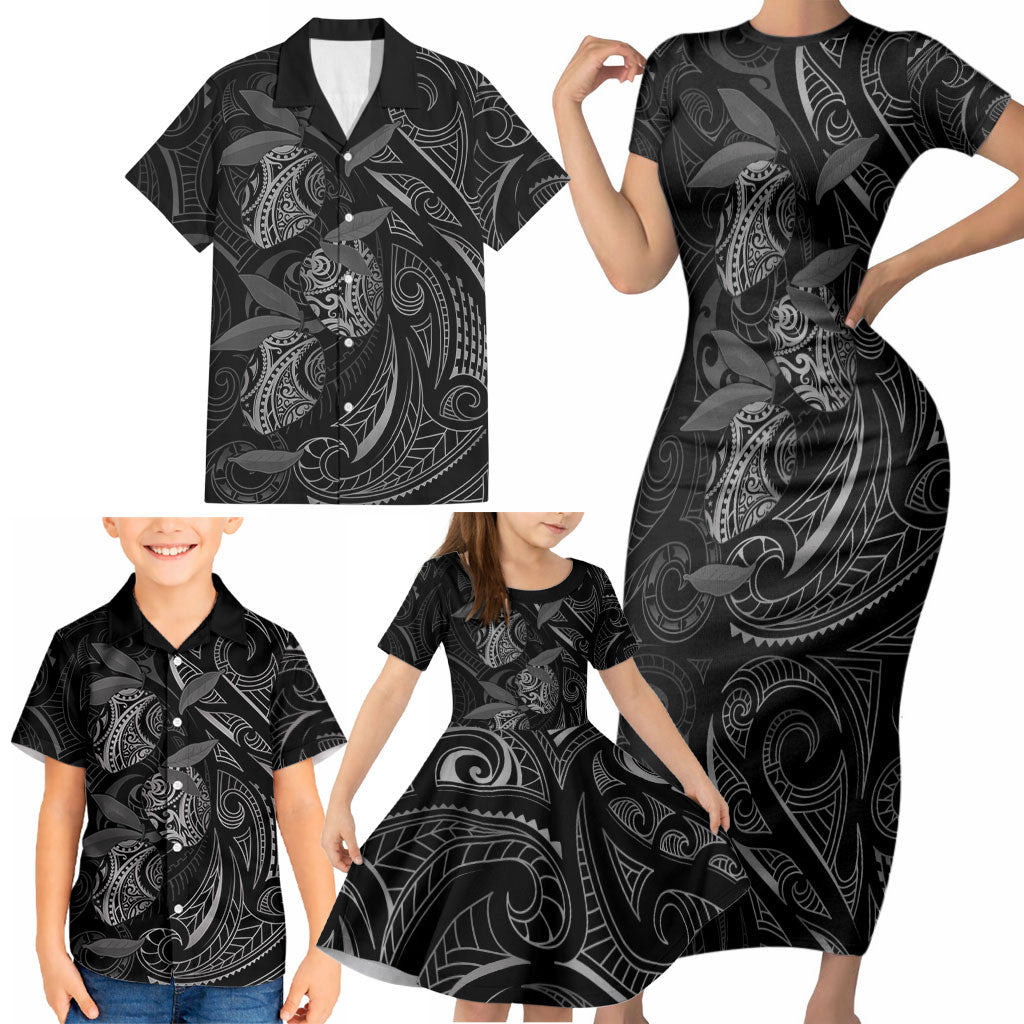 Hawaiian Mango Tribal Tattoo Family Matching Short Sleeve Bodycon Dress and Hawaiian Shirt Black White Pacific Traditional Pattern