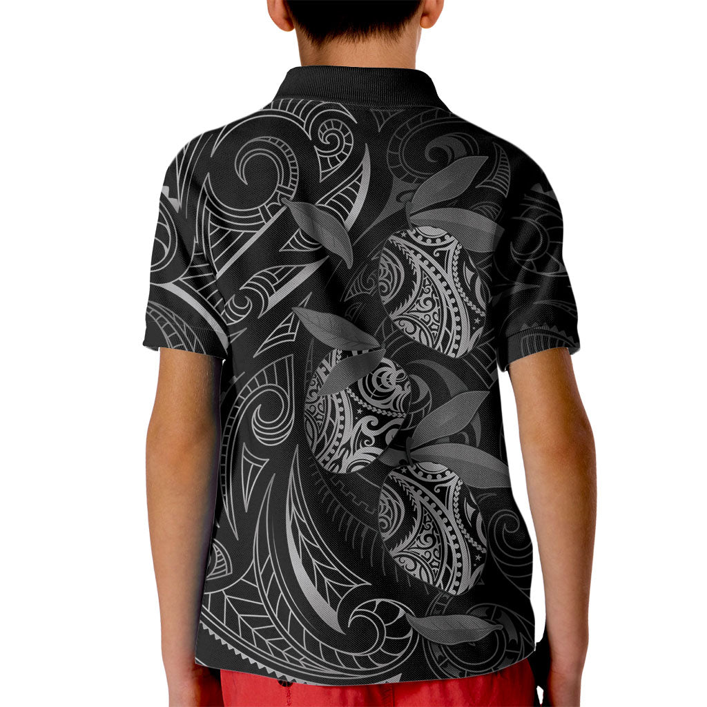 Hawaiian Mango Tribal Tattoo Kid Polo Shirt Black White Pacific Traditional Pattern