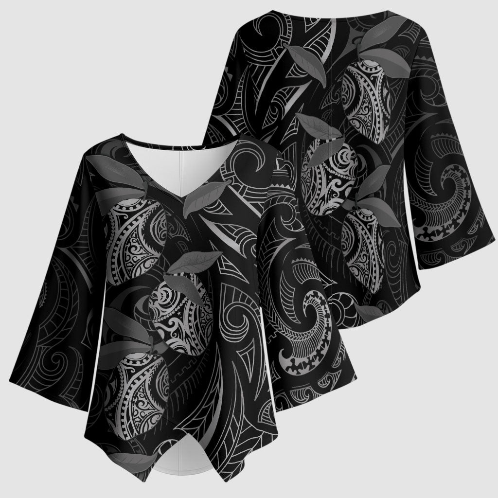 Hawaiian Mango Tribal Tattoo Kimono Sleeve Blouse Black White Pacific Traditional Pattern