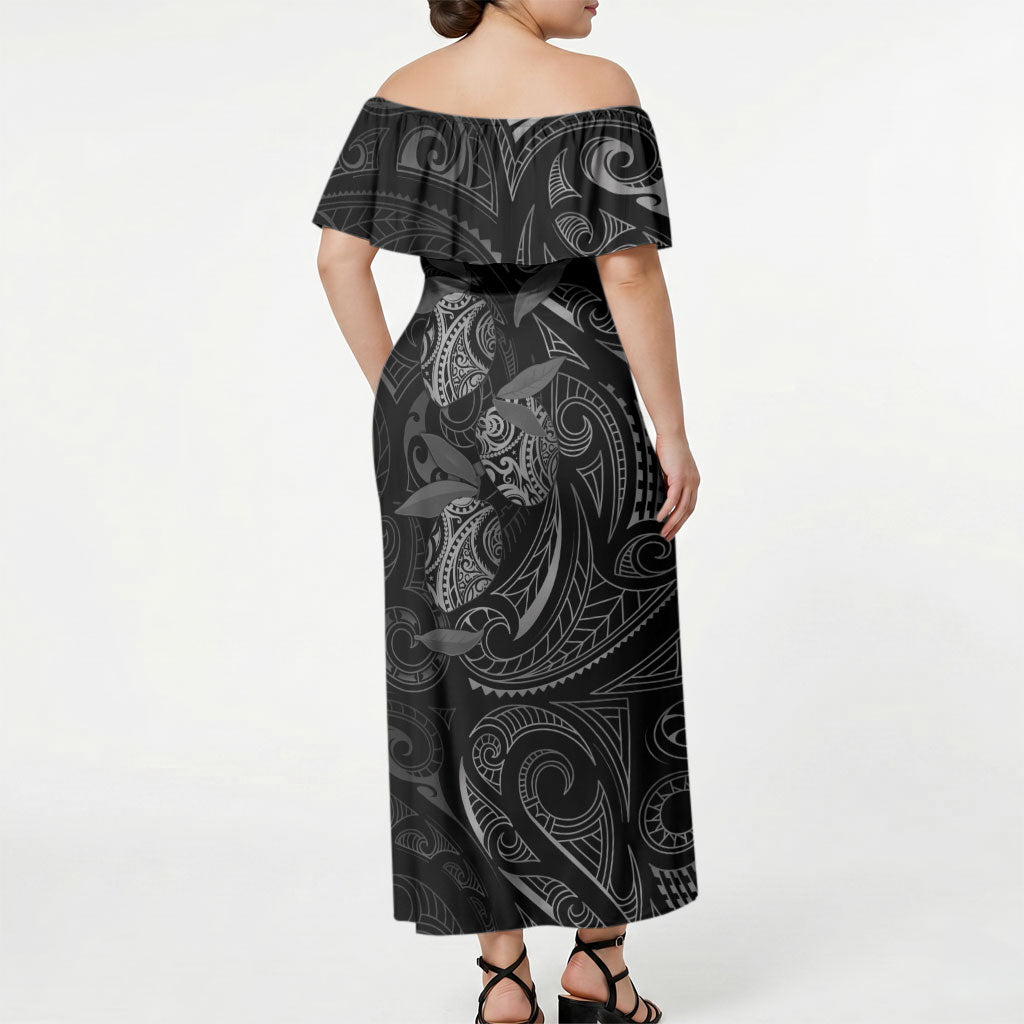 Hawaiian Mango Tribal Tattoo Off Shoulder Maxi Dress Black White Pacific Traditional Pattern