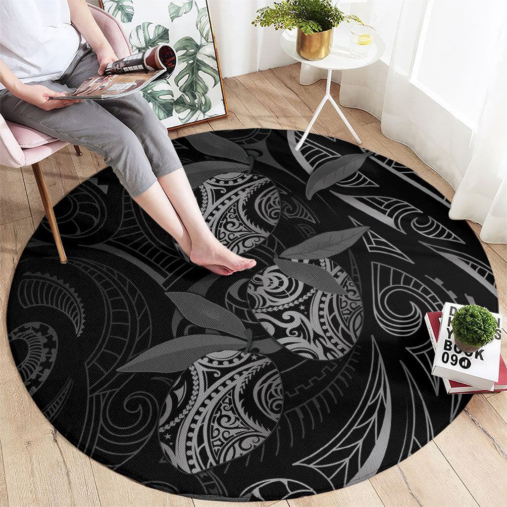 Hawaiian Mango Tribal Tattoo Round Carpet Black White Pacific Traditional Pattern