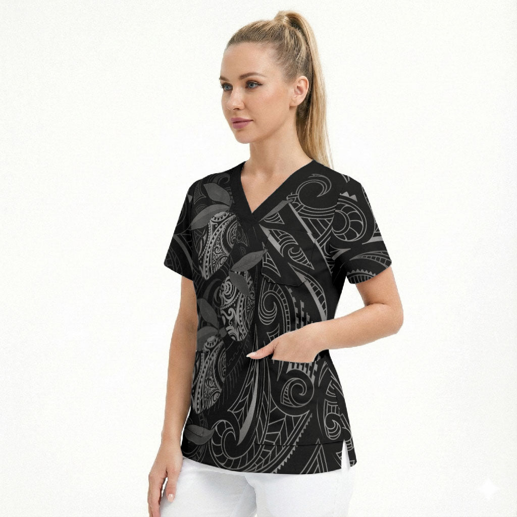 Hawaiian Mango Tribal Tattoo Scrub Top Black White Pacific Traditional Pattern