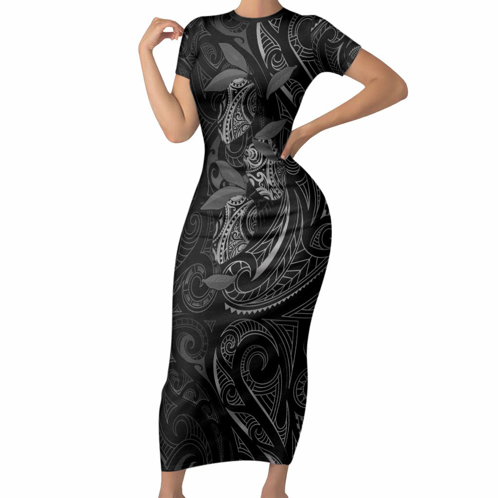Hawaiian Mango Tribal Tattoo Short Sleeve Bodycon Dress Black White Pacific Traditional Pattern