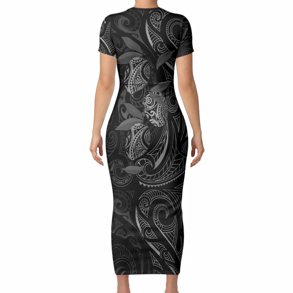 Hawaiian Mango Tribal Tattoo Short Sleeve Bodycon Dress Black White Pacific Traditional Pattern