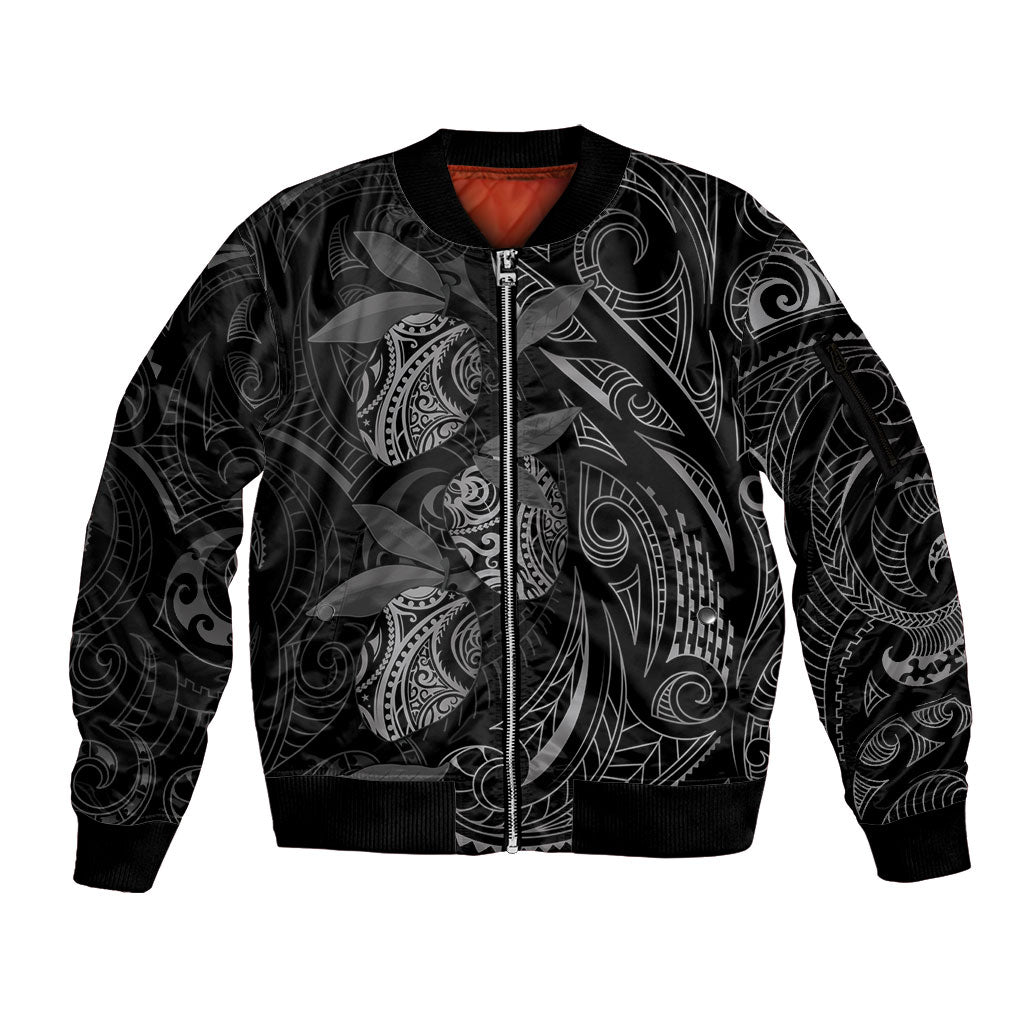 Hawaiian Mango Tribal Tattoo Sleeve Zip Bomber Jacket Black White Pacific Traditional Pattern