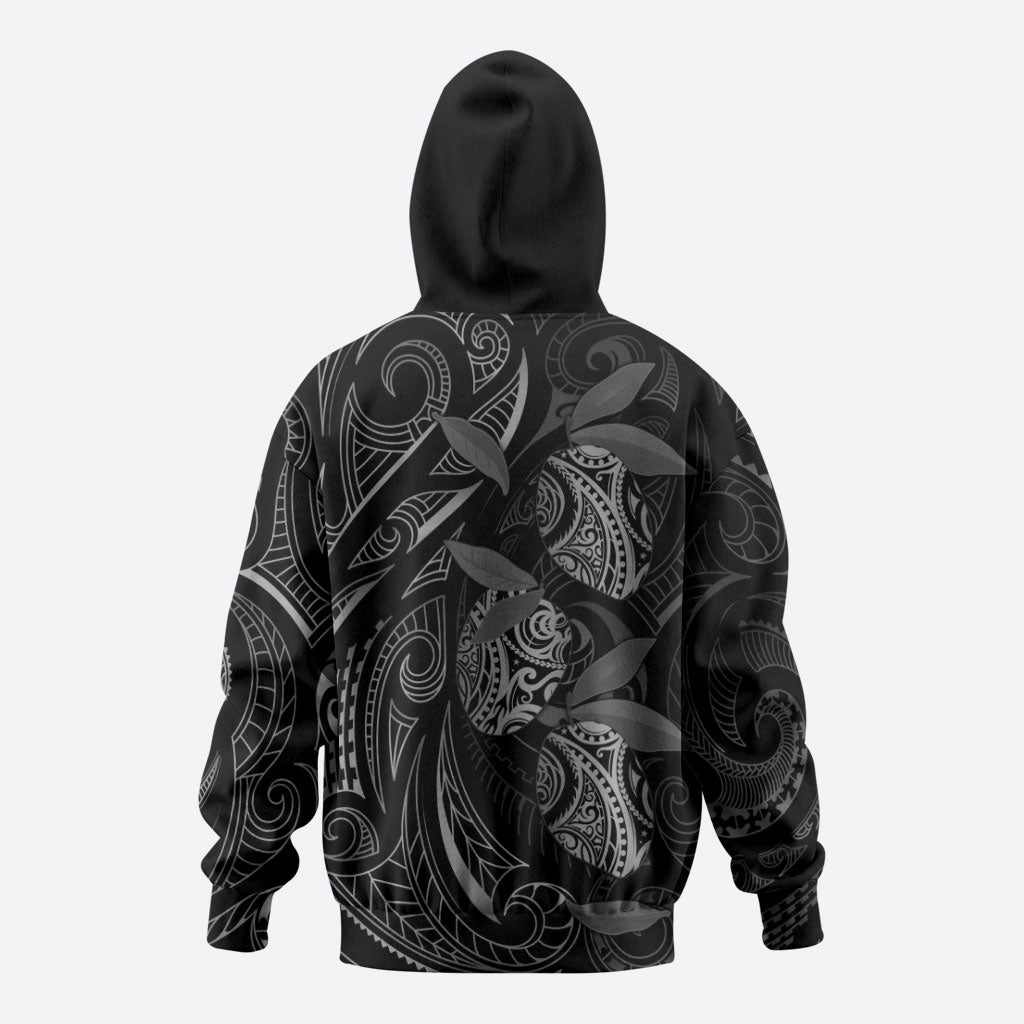 Hawaiian Mango Tribal Tattoo Zip Hoodie Black White Pacific Traditional Pattern