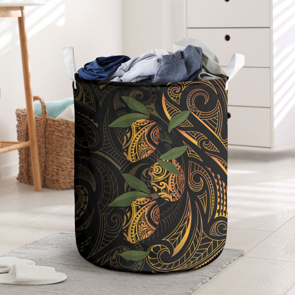 Hawaiian Mango Tribal Tattoo Laundry Basket Gold Pacific Traditional Pattern