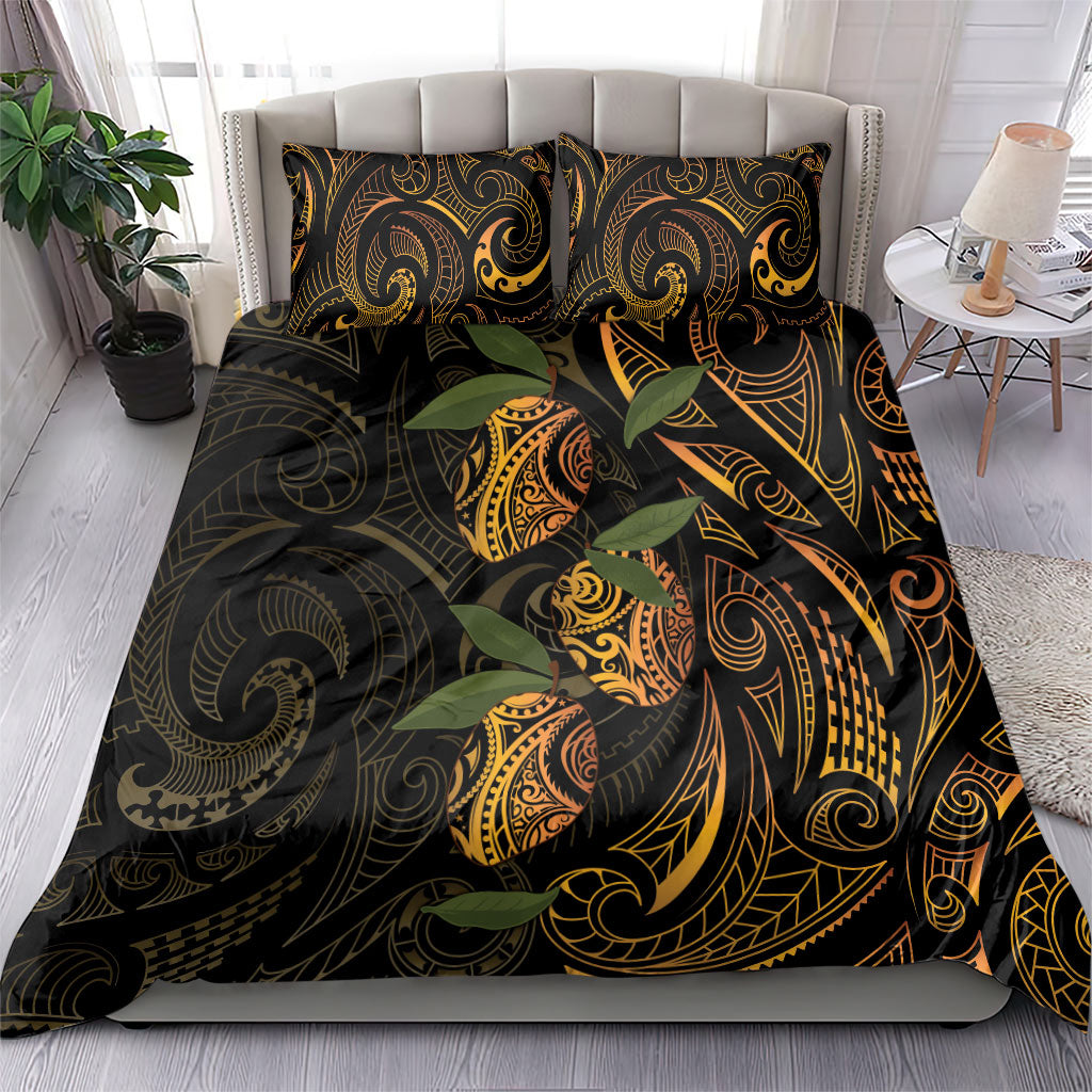 Hawaiian Mango Tribal Tattoo Bedding Set Gold Pacific Traditional Pattern