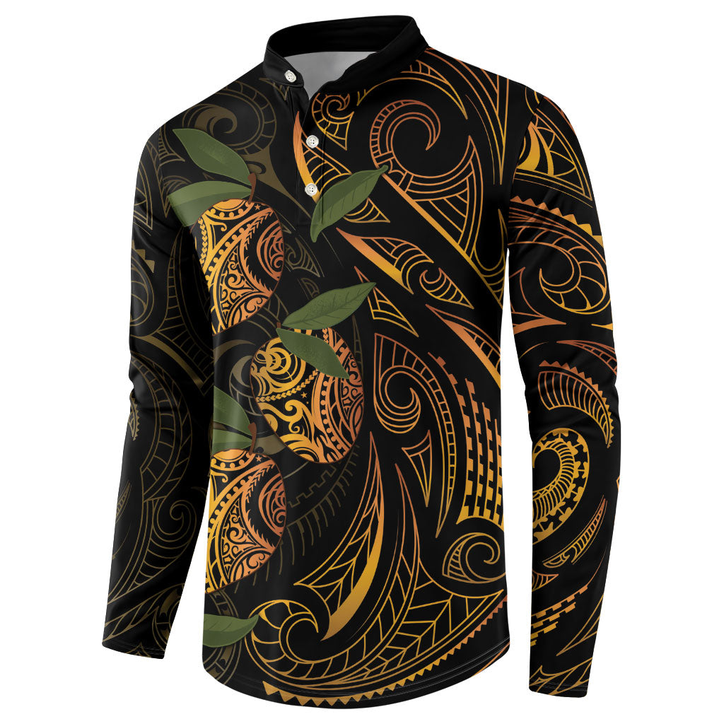 Hawaiian Mango Tribal Tattoo Button Sweatshirt Gold Pacific Traditional Pattern