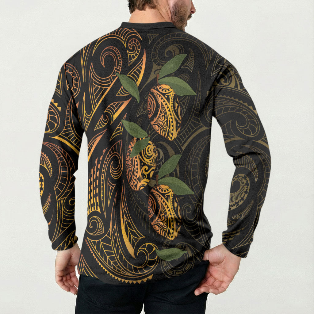 Hawaiian Mango Tribal Tattoo Button Sweatshirt Gold Pacific Traditional Pattern