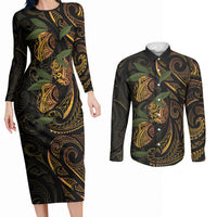 Hawaiian Mango Tribal Tattoo Couples Matching Long Sleeve Bodycon Dress and Long Sleeve Button Shirt Gold Pacific Traditional Pattern