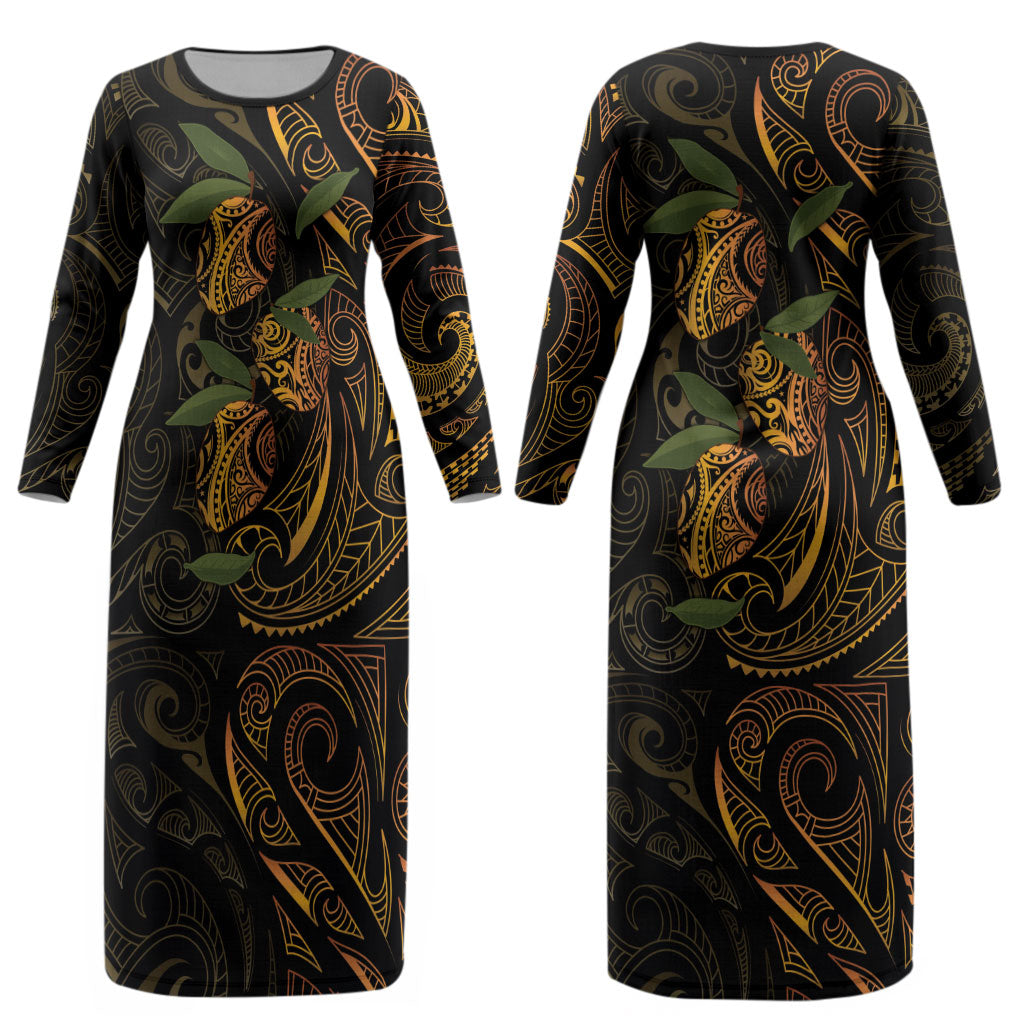 Hawaiian Mango Tribal Tattoo Couples Matching Long Sleeve Bodycon Dress and Long Sleeve Button Shirt Gold Pacific Traditional Pattern