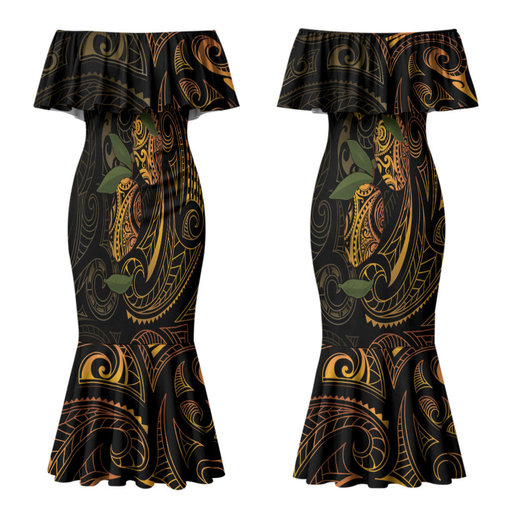 Hawaiian Mango Tribal Tattoo Couples Matching Mermaid Dress and Hawaiian Shirt Gold Pacific Traditional Pattern