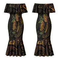 Hawaiian Mango Tribal Tattoo Couples Matching Mermaid Dress and Long Sleeve Button Shirt Gold Pacific Traditional Pattern