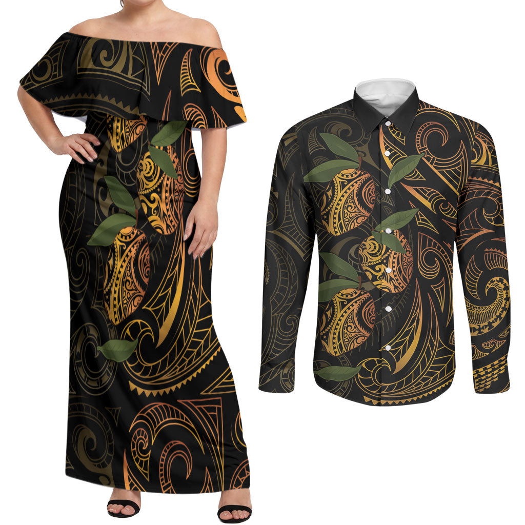 Hawaiian Mango Tribal Tattoo Couples Matching Off Shoulder Maxi Dress and Long Sleeve Button Shirt Gold Pacific Traditional Pattern