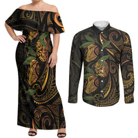 Hawaiian Mango Tribal Tattoo Couples Matching Off Shoulder Maxi Dress and Long Sleeve Button Shirt Gold Pacific Traditional Pattern