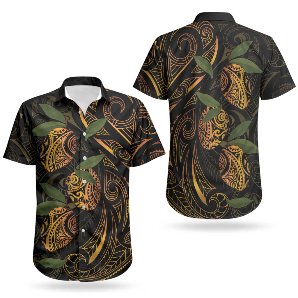 Hawaiian Mango Tribal Tattoo Couples Matching Off Shoulder Short Dress and Hawaiian Shirt Gold Pacific Traditional Pattern