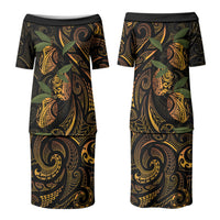 Hawaiian Mango Tribal Tattoo Couples Matching Puletasi and Hawaiian Shirt Gold Pacific Traditional Pattern