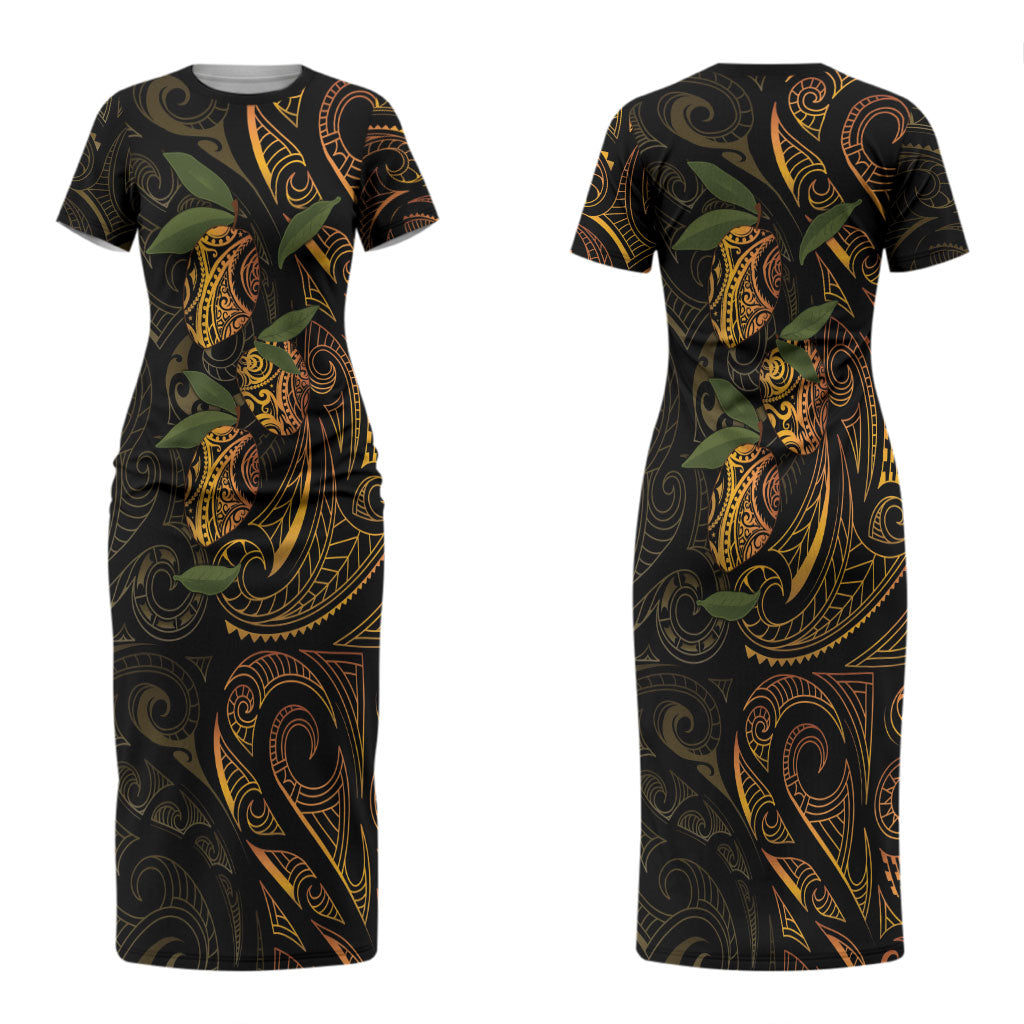 Hawaiian Mango Tribal Tattoo Couples Matching Short Sleeve Bodycon Dress and Long Sleeve Button Shirt Gold Pacific Traditional Pattern