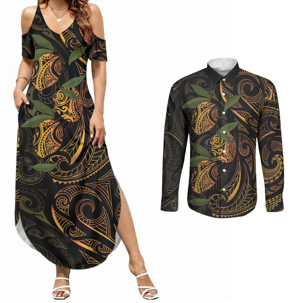 Hawaiian Mango Tribal Tattoo Couples Matching Summer Maxi Dress and Long Sleeve Button Shirt Gold Pacific Traditional Pattern