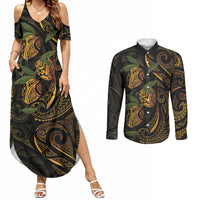Hawaiian Mango Tribal Tattoo Couples Matching Summer Maxi Dress and Long Sleeve Button Shirt Gold Pacific Traditional Pattern