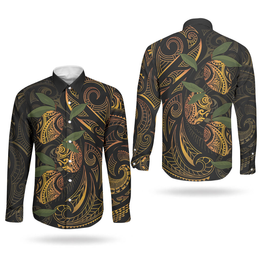 Hawaiian Mango Tribal Tattoo Couples Matching Summer Maxi Dress and Long Sleeve Button Shirt Gold Pacific Traditional Pattern