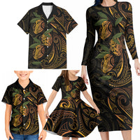 Hawaiian Mango Tribal Tattoo Family Matching Long Sleeve Bodycon Dress and Hawaiian Shirt Gold Pacific Traditional Pattern