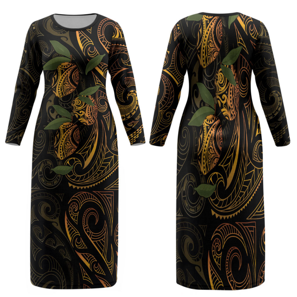 Hawaiian Mango Tribal Tattoo Family Matching Long Sleeve Bodycon Dress and Hawaiian Shirt Gold Pacific Traditional Pattern