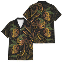 Hawaiian Mango Tribal Tattoo Family Matching Long Sleeve Bodycon Dress and Hawaiian Shirt Gold Pacific Traditional Pattern