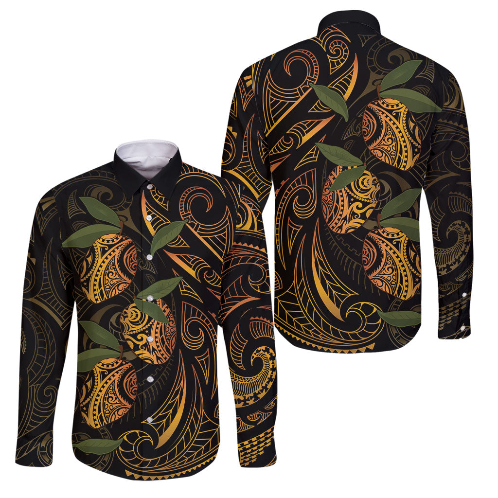Hawaiian Mango Tribal Tattoo Family Matching Long Sleeve Bodycon Dress and Hawaiian Shirt Gold Pacific Traditional Pattern