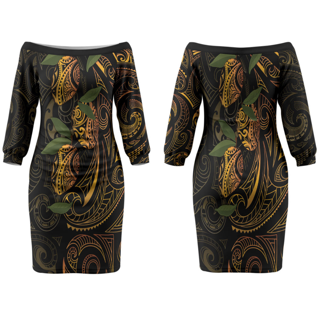 Hawaiian Mango Tribal Tattoo Family Matching Off The Shoulder Long Sleeve Dress and Hawaiian Shirt Gold Pacific Traditional Pattern
