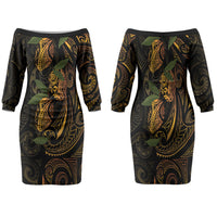 Hawaiian Mango Tribal Tattoo Family Matching Off The Shoulder Long Sleeve Dress and Hawaiian Shirt Gold Pacific Traditional Pattern
