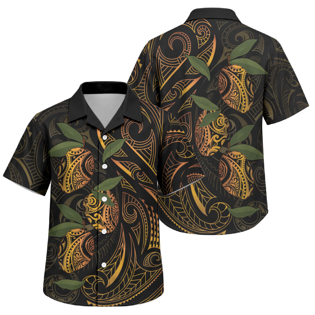 Hawaiian Mango Tribal Tattoo Family Matching Off Shoulder Maxi Dress and Hawaiian Shirt Gold Pacific Traditional Pattern