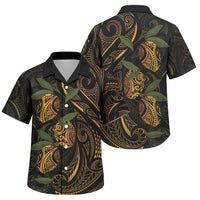Hawaiian Mango Tribal Tattoo Family Matching Off Shoulder Short Dress and Hawaiian Shirt Gold Pacific Traditional Pattern