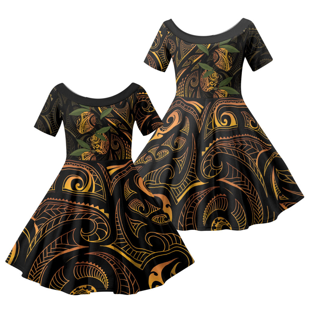 Hawaiian Mango Tribal Tattoo Family Matching Puletasi and Hawaiian Shirt Gold Pacific Traditional Pattern