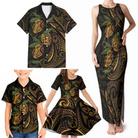 Hawaiian Mango Tribal Tattoo Family Matching Tank Maxi Dress and Hawaiian Shirt Gold Pacific Traditional Pattern
