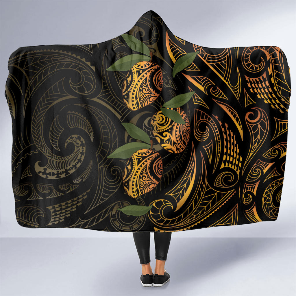 Hawaiian Mango Tribal Tattoo Hooded Blanket Gold Pacific Traditional Pattern