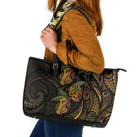 Hawaiian Mango Tribal Tattoo Leather Tote Bag Gold Pacific Traditional Pattern