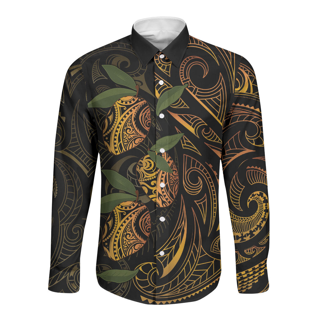Hawaiian Mango Tribal Tattoo Long Sleeve Button Shirt Gold Pacific Traditional Pattern