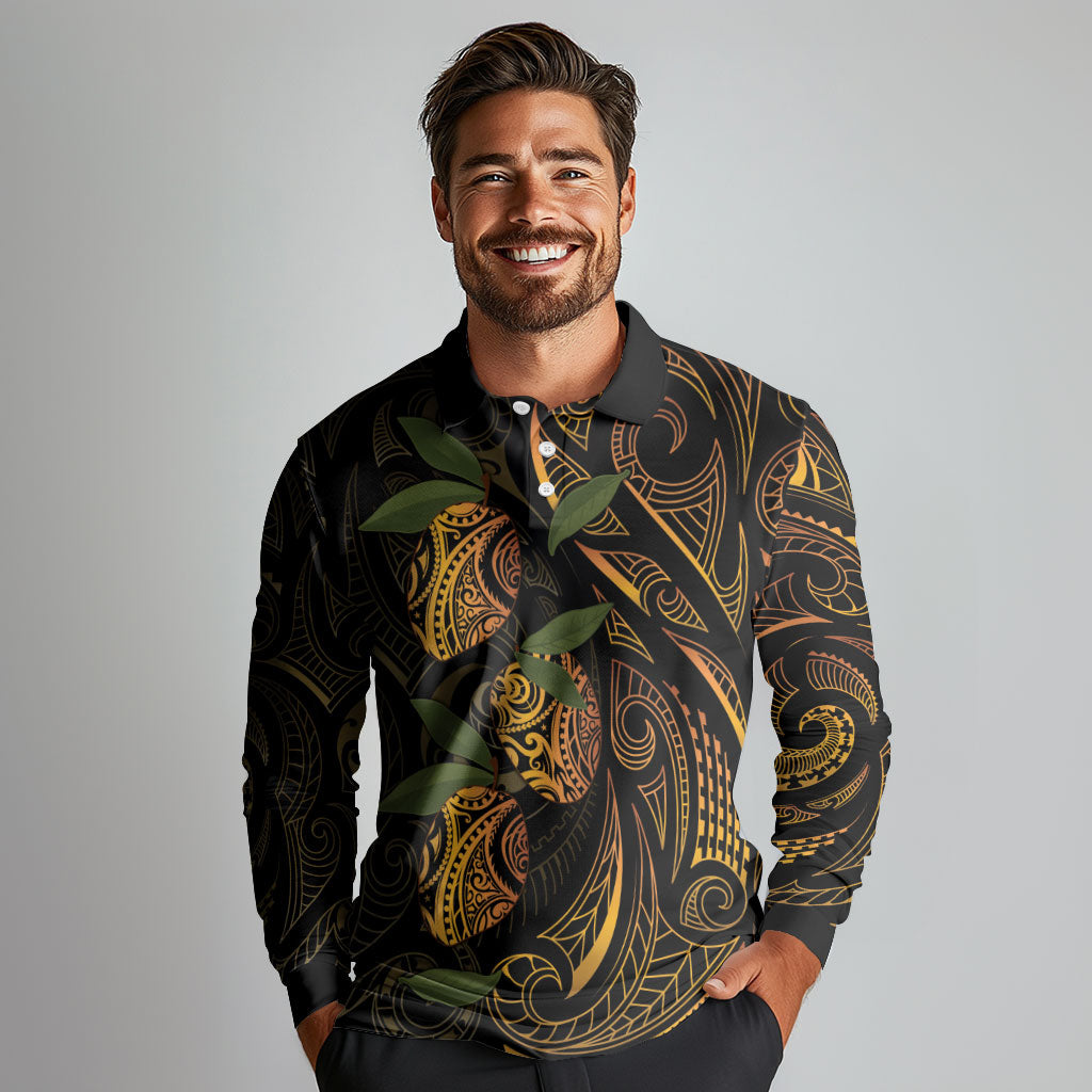 Hawaiian Mango Tribal Tattoo Long Sleeve Polo Shirt Gold Pacific Traditional Pattern