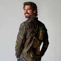 Hawaiian Mango Tribal Tattoo Long Sleeve Polo Shirt Gold Pacific Traditional Pattern