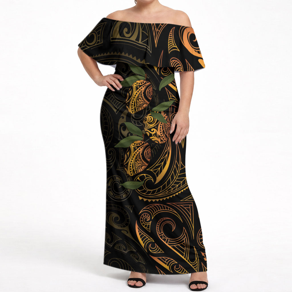 Hawaiian Mango Tribal Tattoo Off Shoulder Maxi Dress Gold Pacific Traditional Pattern