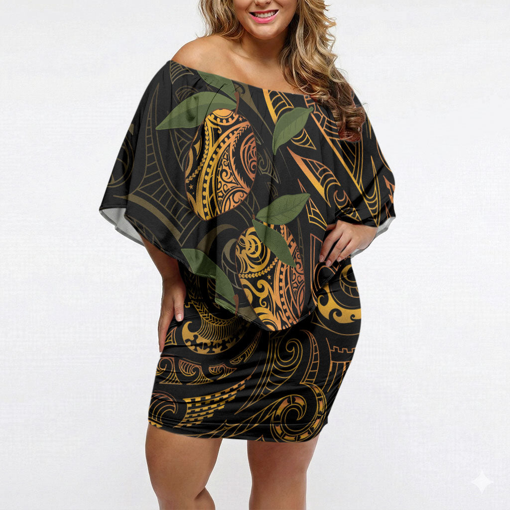 Hawaiian Mango Tribal Tattoo Off Shoulder Short Dress Gold Pacific Traditional Pattern